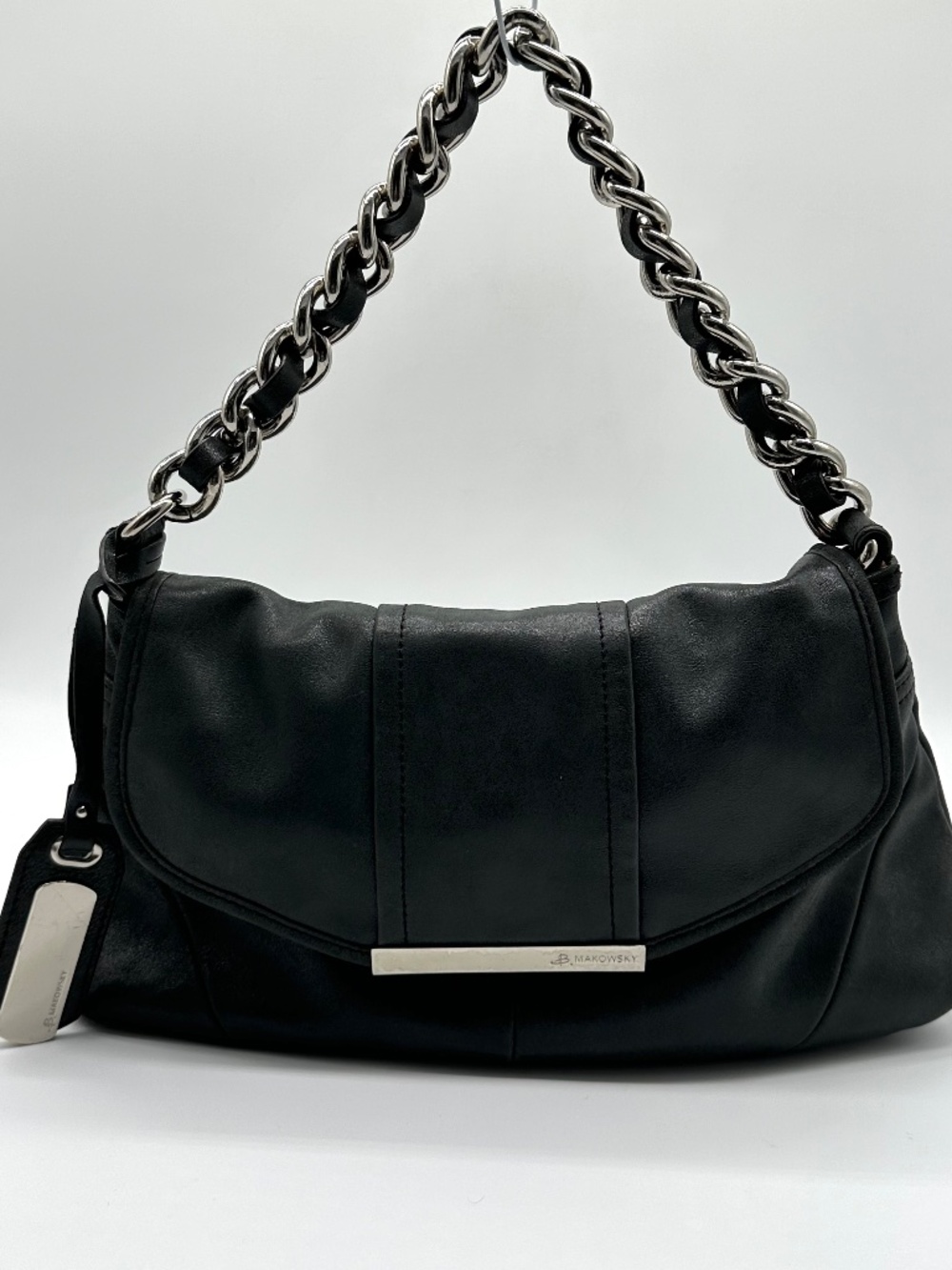 B MAKOWSKY Black Leather Shoulder Bag Chain Handle Hangtag Leopard Lining